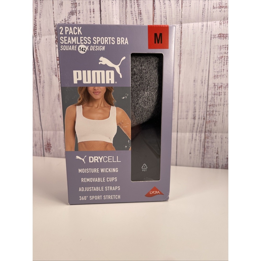 Puma 2-Pack Performance Square Neck Seamless Sports Bra, Blk & Gray, Size Medium